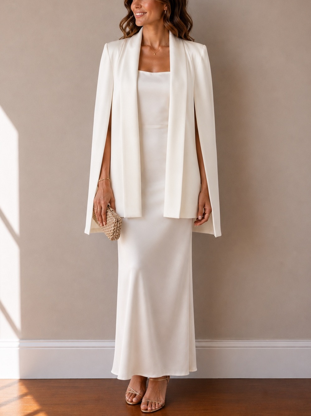 White Cape Blazer Wedding Outfit Open Front Split Sleeve S Oversized
